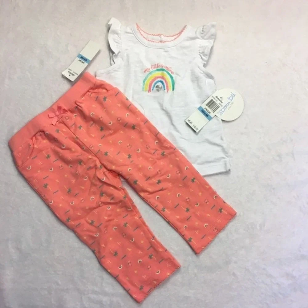 Absorba 2-Piece Outfit Set Baby Girl 6-9M White Coral New Rainbow Tropical Pants